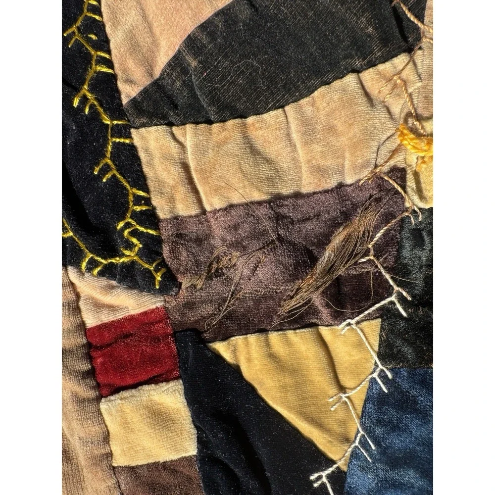 Antique Victorian Crazy Quilt Velvet Silk Hand Stitched‎ Painted 77x71 c1885